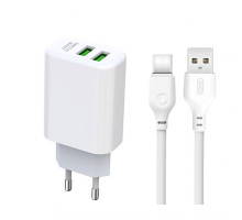 Мережевий зарядний пристрій (адаптер) 2в1 XO L85C 2USB / 2.4A + Data Cabel USB to Type-C white