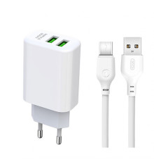 Мережевий зарядний пристрій (адаптер) 2в1 XO L85C 2USB / 2.4A + Data Cabel USB to Type-C white