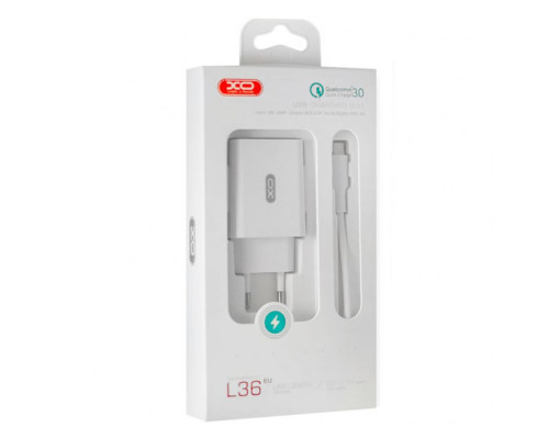 Мережевий зарядний пристрій (адаптер) 2в1 XO L36 1USB / QC3.0 / 3A + Data Cabel USB to Type-C white