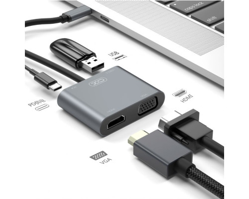 Перехідник USB-HUB XO HUB001 4в1 HDMI / VGA / USB3.0 / PD charging з Type-C роз'ємом