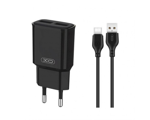 Мережевий зарядний пристрій (адаптер) 2в1 XO L92C 2USB / 2.4A + Data Cable USB to Type-C black