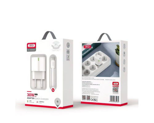Мережевий зарядний пристрій (адаптер) 2в1 XO CE06 PD / 30W / GaN Technology + Data Cable Type-C to Type-C white