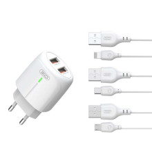 Мережевий зарядний пристрій (адаптер) 2в1 XO L111 2USB / 2.4A + Data Cabel USB to Micro white