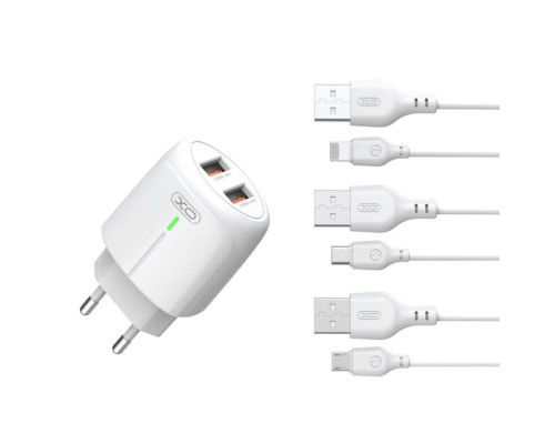 Мережевий зарядний пристрій (адаптер) 2в1 XO L111 2USB / 2.4A + Data Cabel USB to Micro white