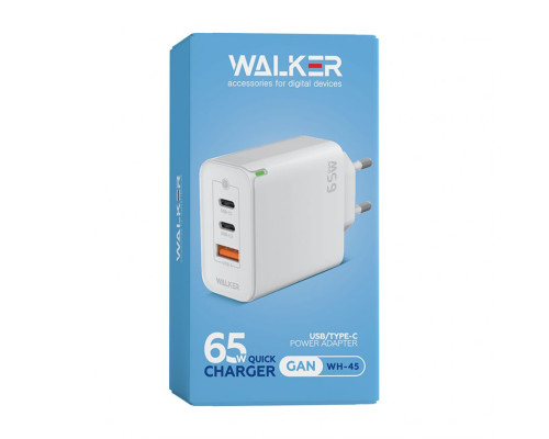 Мережевий зарядний пристрій (адаптер) WALKER WH-45 65W GAN PD1_65W / PD2_30W / QC3.0_18W white TPS-2710000283348