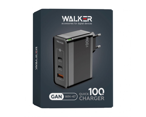 Мережевий зарядний пристрій (адаптер) WALKER WH-47 100W GAN PD1_65W / PD2_35W / QC3.0_18W black TPS-2710000283379