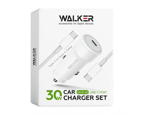 Автомобільний зарядний пристрій (адаптер) 2в1 WALKER WCR-63 PD_30W + Data Cable Type-C to Type-C 60W white TPS-2710000301899 2710000301899