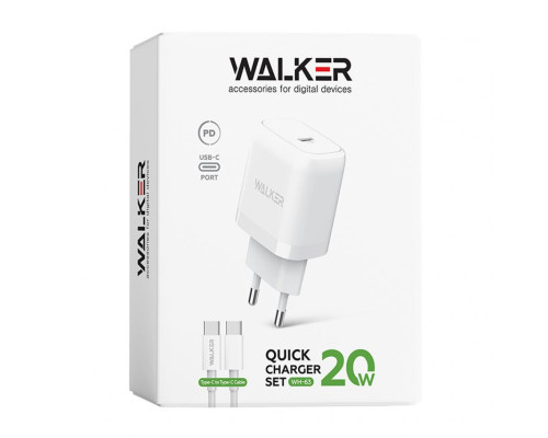 Мережевий зарядний пристрій (адаптер) 2в1 WALKER WH-63 PD_20W + Data Cable Type-C to Type-C white TPS-2710000303145 2710000303145
