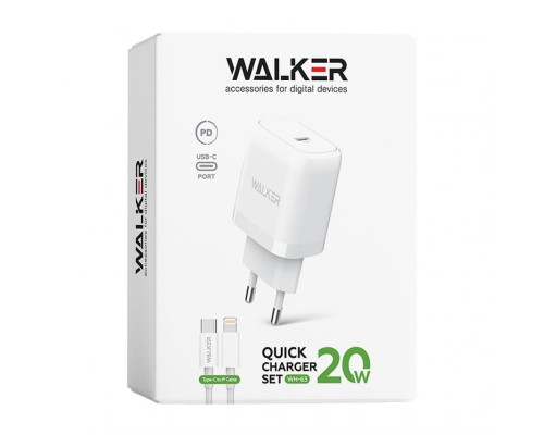 Мережевий зарядний пристрій (адаптер) 2в1 WALKER WH-63 PD_20W + Data Cable Type-C to Lightning white TPS-2710000303152 2710000303152