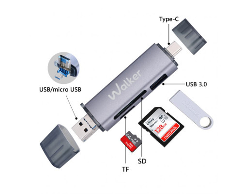 Кардрідер 6в1 WALKER WCD-83 (вихід USB/Micro, Type-C) grey TPS-2710000310839 2710000310839