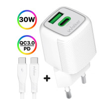 Мережевий зарядний пристрій (адаптер) 2в1 WALKER WH-71 GAN 30W + Data Cable Type-C to Type-C white TPS-2710000311355 2710000311355