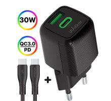 Мережевий зарядний пристрій (адаптер) 2в1 WALKER WH-71 GAN 30W + Data Cable Type-C to Type-C black TPS-2710000311362 2710000311362