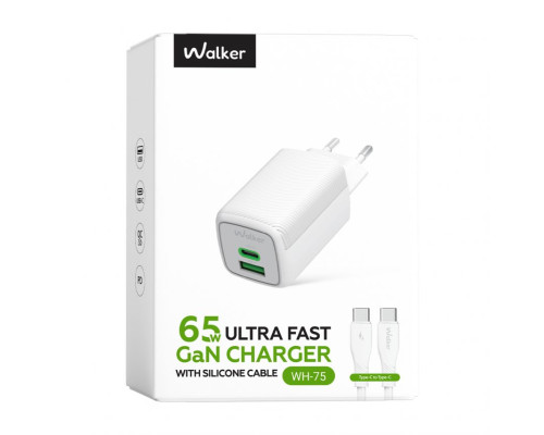 Мережевий зарядний пристрій (адаптер) 2в1 WALKER WH-75 GAN 65W + Data Cable Type-C to Type-C white TPS-2710000311379 2710000311379
