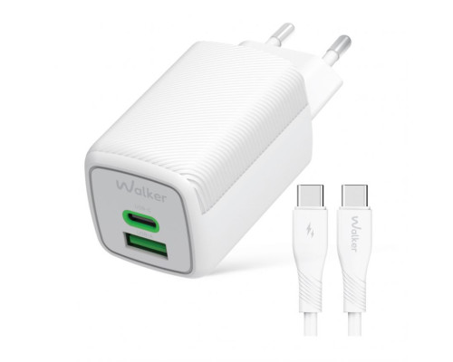 Мережевий зарядний пристрій (адаптер) 2в1 WALKER WH-75 GAN 65W + Data Cable Type-C to Type-C white TPS-2710000311379 2710000311379