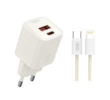Мережевий зарядний пристрій (адаптер) 2в1 XO L147 PD_20W / QC3.0_18W + Data Cable Type-C to Lightning beige TPS-2710000329640 2710000329640