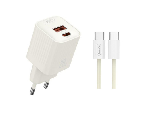 Мережевий зарядний пристрій (адаптер) 2в1 XO L147 PD_20W / QC3.0_18W + Data Cable Type-C to Type-C beige TPS-2710000329664 2710000329664