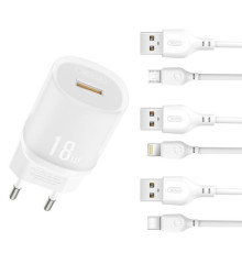 Мережевий зарядний пристрій (адаптер) 2в1 XO L157 1USB/QC3.0/18W + Data Cable USB to Lightning white TPS-2710000329428 2710000329428