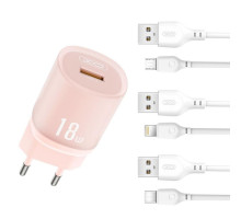 Мережевий зарядний пристрій (адаптер) 2в1 XO L157 1USB/QC3.0/18W + Data Cable USB to Lightning pink TPS-2710000329442 2710000329442