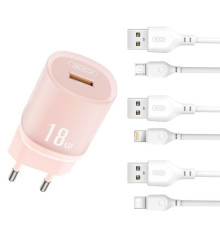 Мережевий зарядний пристрій (адаптер) 2в1 XO L157 1USB/QC3.0/18W + Data Cable USB to Type-C pink TPS-2710000329473 2710000329473