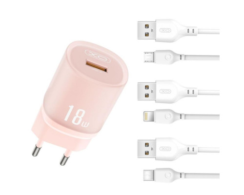 Мережевий зарядний пристрій (адаптер) 2в1 XO L157 1USB/QC3.0/18W + Data Cable USB to Type-C pink TPS-2710000329473 2710000329473