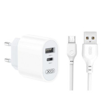 Мережевий зарядний пристрій (адаптер) XO L97 PD / QC3.0 / 2.4A Max + Data Cable USB to Micro white TPS-2710000349952 2710000349952