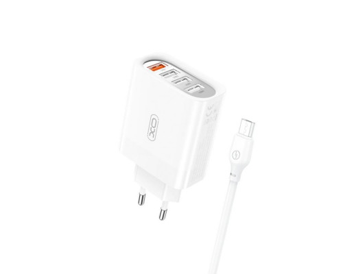 Мережевий зарядний пристрій (адаптер) XO L100 4USB / QC3.0 / 3USB_2.4A + Data Cable USB to Micro white TPS-2710000349938 2710000349938