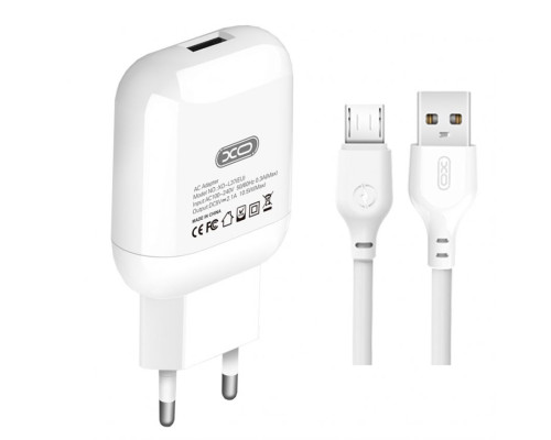 Мережевий зарядний пристрій (адаптер) 2в1 XO L37 1USB / 2.1A + Data Cabel USB to Micro white