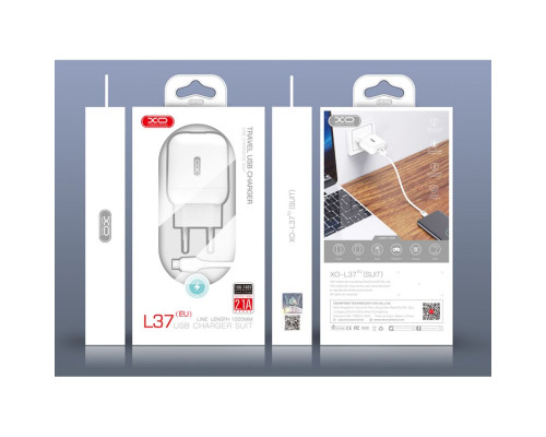 Мережевий зарядний пристрій (адаптер) 2в1 XO L37 1USB / 2.1A + Data Cabel USB to Micro white