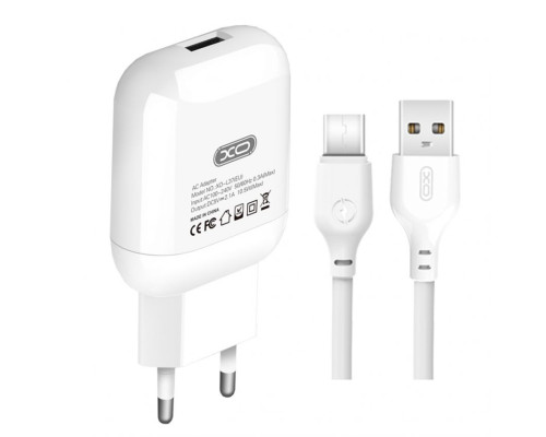 Мережевий зарядний пристрій (адаптер) 2в1 XO L37 1USB / 2.1A + Data Cabel USB to Type-C white