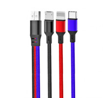 Кабель USB 3в1 XO NB143 Type-C/Micro/Lightning 2.1A 1.2м black/red/blue TPS-2710000207979
