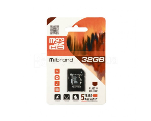 Карта пам'яті Mibrand MicroSDHC 32GB Class 10 UHS-І U3 + SD-адаптер TPS-2710000207320