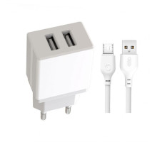 Мережевий зарядний пристрій (адаптер) 2в1 XO L75 2USB / 2.4A + Data Cabel USB to Micro white