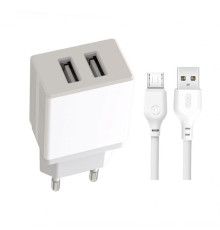 Мережевий зарядний пристрій (адаптер) 2в1 XO L75 2USB / 2.4A + Data Cabel USB to Micro white