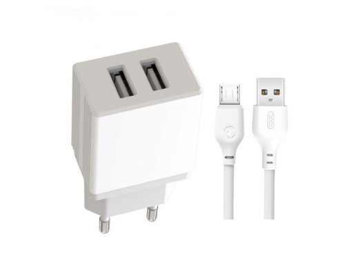 Мережевий зарядний пристрій (адаптер) 2в1 XO L75 2USB / 2.4A + Data Cabel USB to Micro white