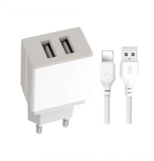 Мережевий зарядний пристрій (адаптер) 2в1 XO L75 2USB / 2.4A + Data Cabel USB to Lightning white