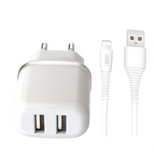 Мережевий зарядний пристрій (адаптер) 2в1 XO L69 2USB / 2.4A + Lightning white TPS-2710000208273