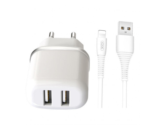 Мережевий зарядний пристрій (адаптер) 2в1 XO L69 2USB / 2.4A + Lightning white TPS-2710000208273