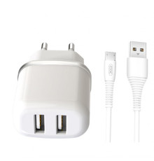 Мережевий зарядний пристрій (адаптер) 2в1 XO L69 2USB / 2.4A + Data Cabel USB to Micro white