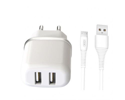 Мережевий зарядний пристрій (адаптер) 2в1 XO L69 2USB / 2.4A + Data Cabel USB to Micro white