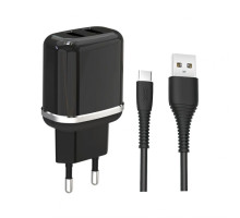 Мережевий зарядний пристрій (адаптер) 2в1 XO L69 2USB / 2.4A + Data Cabel USB to Type-C black