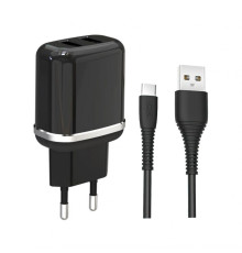 Мережевий зарядний пристрій (адаптер) 2в1 XO L69 2USB / 2.4A + Data Cabel USB to Type-C black