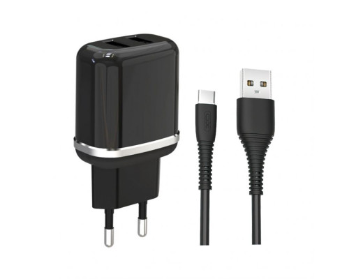 Мережевий зарядний пристрій (адаптер) 2в1 XO L69 2USB / 2.4A + Data Cabel USB to Type-C black