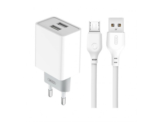 Мережевий зарядний пристрій (адаптер) 2в1 XO L65 2USB / 2.4A + Data Cabel USB to Micro white