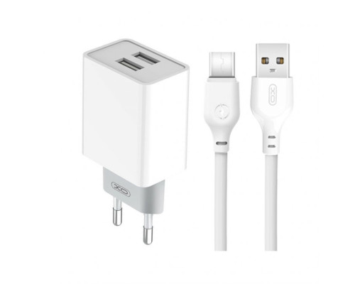 Мережевий зарядний пристрій (адаптер) 2в1 XO L65 2USB / 2.4A + Data Cabel USB to Type-C white