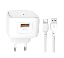 Мережевий зарядний пристрій (адаптер) 2в1 XO L59 1USB / QC3.0 / 3A / 18W + Data Cabel USB to Lightning white