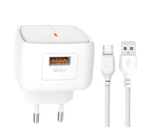 Мережевий зарядний пристрій (адаптер) 2в1 XO L59 1USB / QC3.0 / 3A / 18W + Data Cabel USB to Micro white