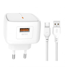 Мережевий зарядний пристрій (адаптер) 2в1 XO L59 1USB / QC3.0 / 3A / 18W + Data Cabel USB to Micro white