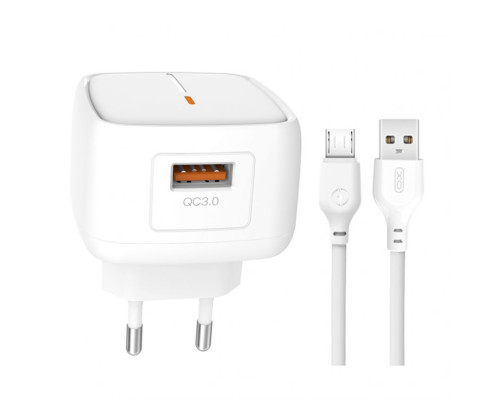 Мережевий зарядний пристрій (адаптер) 2в1 XO L59 1USB / QC3.0 / 3A / 18W + Data Cable USB to Micro white