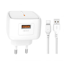 Мережевий зарядний пристрій (адаптер) 2в1 XO L59 1USB / QC3.0 / 3A / 18W + Data Cabel USB to Type-C white