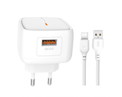 Мережевий зарядний пристрій (адаптер) 2в1 XO L59 1USB / QC3.0 / 3A / 18W + Data Cabel USB to Type-C white